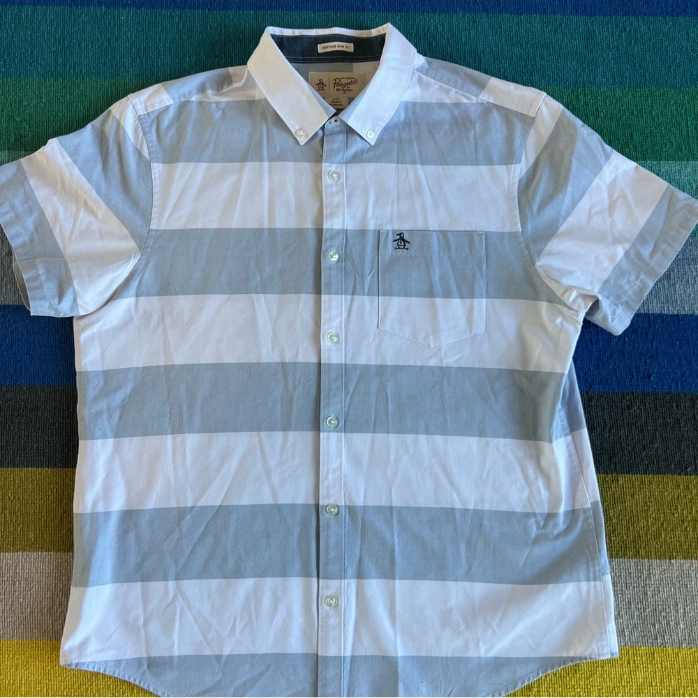 Penguin Brand Men's Striped Short Sleeve
Button Down Shirt for Men • Size L